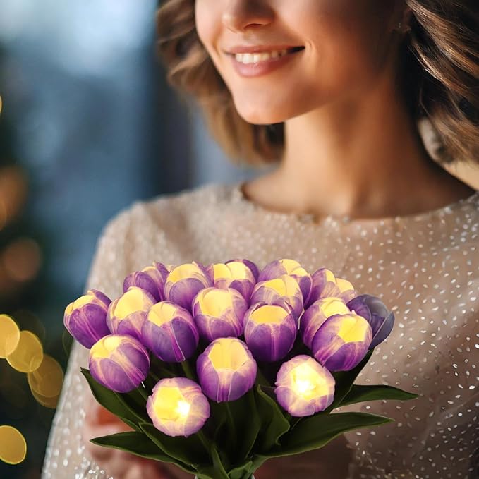 LED Lighted Artificial Tulips, Tulip Lamp, Real Touch Tulip Flowers, 15 Inch Faux Tulip Bouquet with Battery Operated Lights for Gifts, Home Kitchedn Wedding Decor(Purple)