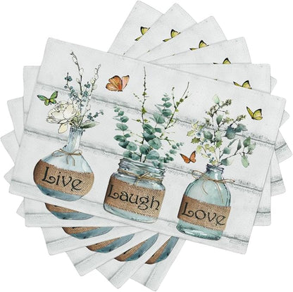 Eucalyptus Placemats Set of 6 Farmhouse Green Botanical Table Mats Washable Place mats for Home Party Indoor Kitchen Dining Table Decoration 12x18 Inch