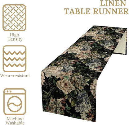 Retro Floral Table Runner, Dark Watercolor Flowers Boho Gothic Botanical Plant Art Table Runner for Indoor Outdoor Dinner Party Decor, 13x70inch