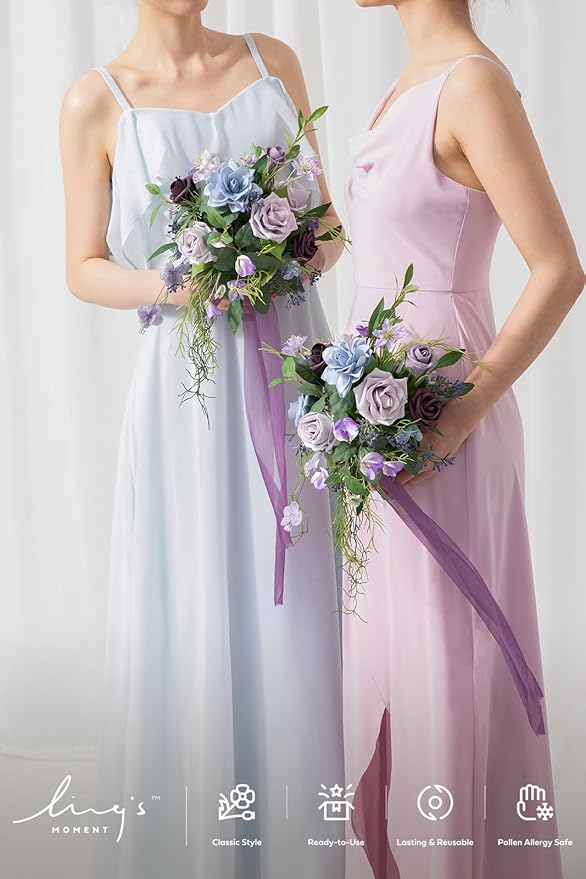 Ling's moment Ethereal Purple Bridesmaid Bouquet Set of 4, Purple Wedding Bouquets for Bridesmaids, 7 Inch Bridal Bouquets for Bridesmaids, Wedding, Ceremony, Anniversary, etc.