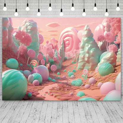 15x8ft Candyland Backdrop Pink and Teal Lollipop Photography Background Fairytale Kingdom Candy Sweet Girl Princess Birthday Banner Decorations Newborn Baby Shower Portrait Photo Booth Prop