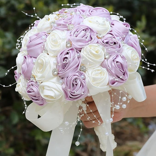 Bridal Wedding Bouquet Round Bling Brooch Bouquet Throw Toss Artificial Rose Flower Bunch for Bride Bridesmaid Wedding Quinceanera(Light Taro Purple & Ivory, 8.7")