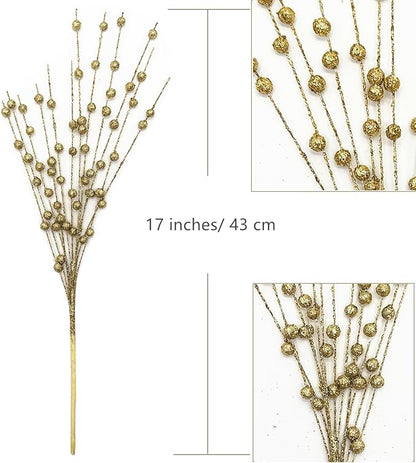 Artificial Glitter Berry Stem Ornaments, Gold Bright Berries Decorative Bead Sticks, Picks Branches Glittery Twigs for Home Christmas Tree Vase Holiday Wedding Party Decor - 17 Inch Golden 10 Pack