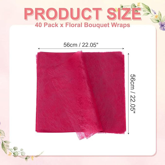 YELARXI Flower Wrapping Paper, Cotton Wrapping Flower Paper, Non-Woven Waterproof Floral Bouquet Wraps - Fitting for (Florist Supplies/Gift) 22 x 22 Inch & 40 Pack & Dark Pink
