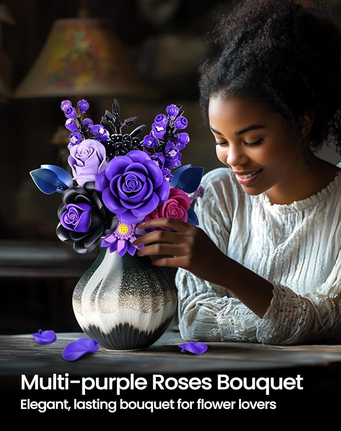 iATOM Flower Bouquet Building Set, Christmas Purple Roses Botanical Collection Kits for Adults Women - Gothic Home Office Table Centerpiece Decor - IA11004