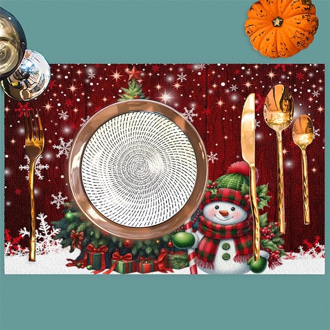 Xmas Christmas Tree Snowman Red Placemats Set of 6 PVC Vinyl Non Slip Table Mats Heat Resistant Place Mats Washable Wipeable Dining Table Mat for Kitchen Decor Party Indoor Outdoor Decorative Gift