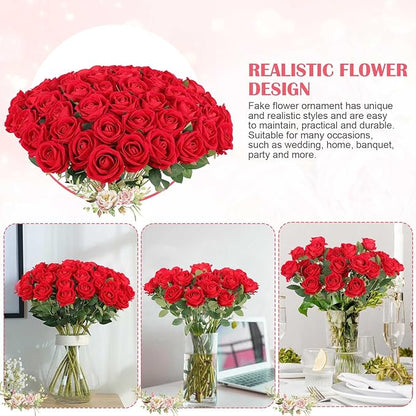 60 Pcs Artificial Roses Bulk Velvet Silk Roses Red Rose Flowers for Wedding Centerpieces Bridal Bouquet Mohter's Day Valentine's Day Christmas Home Decor (60, Red)