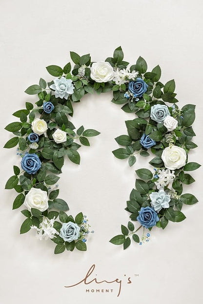Ling's Moment 5FT Dusty Blue Artificial Flower Garland Rose Leaves Floral Garland Arch Flowers Vine Table Centerpieces Decoration