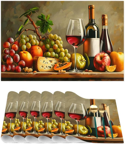 Grapes Fruit Wine PVC Placemats Set of 4 Wipeable Table Mats Washable Heat Resistant Non Slip Vinyl Dining Table Mat for Kithen Indoor Outdoor Patio Farmhouse Place Mats Decorative