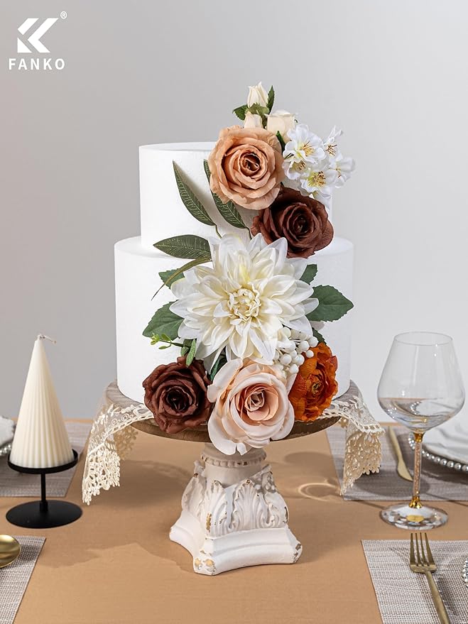 FANKO Artificial Flowers Brown Rose, Mixed Fake Silk Flowers Combo Cream White Rose White Dahlia Orange Ranunculus Vintage Style for DIY Wedding Bridal Bouquets, Home Decor
