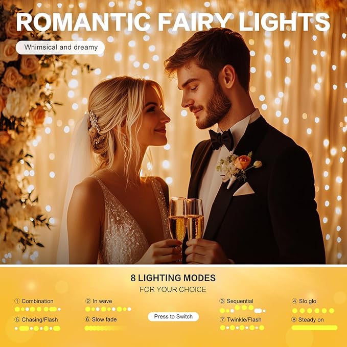 Tulle Curtain Backdrop with 300 LED Fairy Lights for Parities Wrinkle-Free Sheer Curtain Drapes Photo Back Drop for Wedding Baby Shower Bridal Shower Birthday Home Décor-10ft×10ft, Champagne
