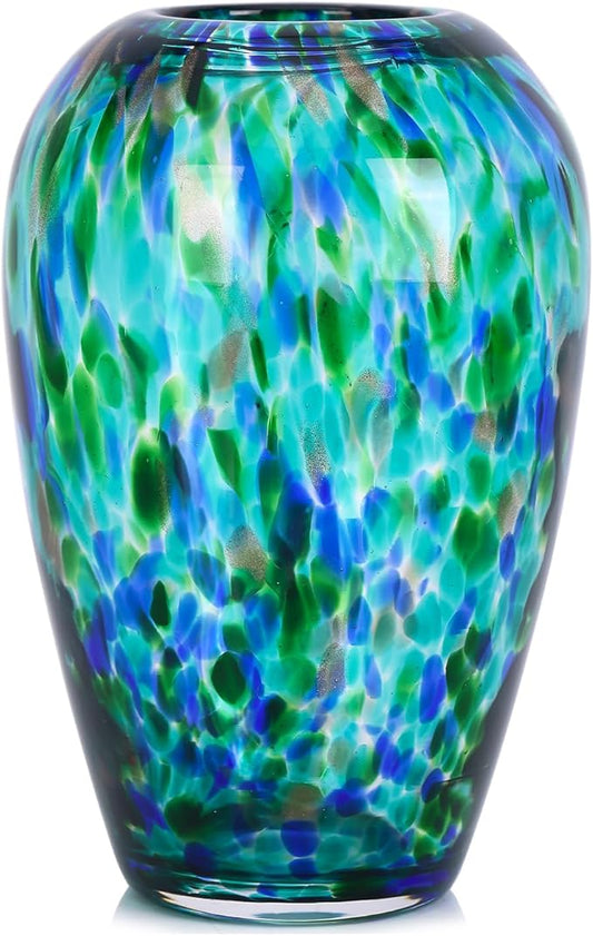 9" Tall Teal Vase Hand Blown Glass Vase Green, Modern Teal Home Centerpieces Wide Mouth Vases for Bud&Flower Decor - Ideal Living Room, Kitchen, Wedding, Dining Table, Office Center Table