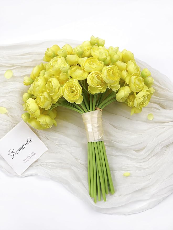 Meldel 32Pcs Ranunculus Artificial Flower Mini Rose, Faux Yellow Ranunculus Flowers for DIY Bouquet, Bulk Fake Peony Wedding Filler Flowers for Centerpieces Arrangements Bridal Shower Decorations