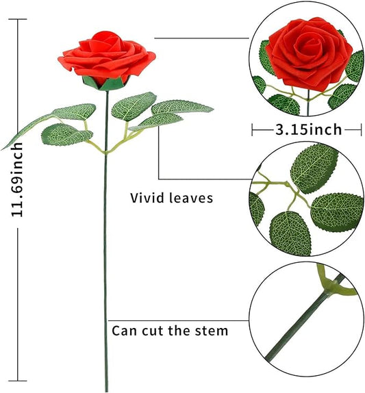 [25PCS] Red Roses Artificial Flowers with Long Stem Real Touch Fake Foam Roses for Decoration DIY Wedding Bouquets Centerpieces Bridal Shower Mothers Day Party Flower Arrangements Home Decor