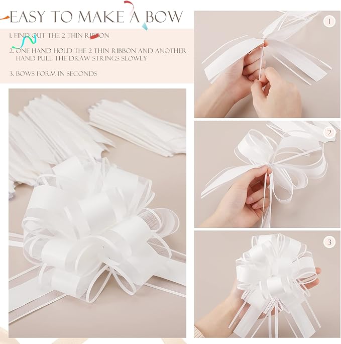 WILLBOND 20 Pieces 6 Inch Pull Bows Gift Wrapping Ribbon Pull Bows for Christmas Wedding Baskets Valentine Multicolor Wrap Accessory for Gift Present Holiday Decor(Plain White)