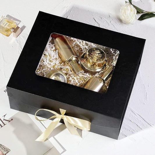 Black Gift Box for Presents with Ribbon 13.2x11x5.3 Inches Clear Gift Box with Window Magnetic Closure Gift Boxes with Lids