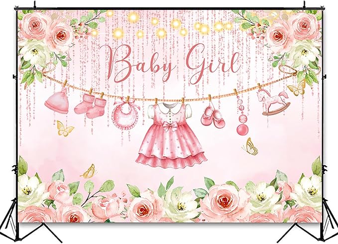 InMemory Baby Girl Shower Backdrop Pink Floral Decorations Glitter Rose Gold Clothes Photography Background Its a Sweet Girls Party Banner Photo Booth Supplies 10x7ft