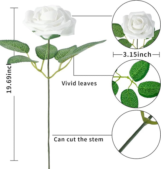 [25PCS] White Roses Artificial Flowers with Stem Real Touch Fake Foam Roses for Decoration DIY Wedding Bouquets Centerpieces Bridal Shower Mothers Day Party Flower Arrangements Home Decor