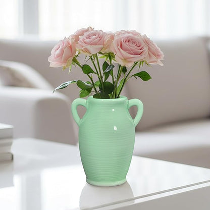 Sunddo Green Ceramic Flower Vase for Home Decor - 8 Inch Modern Decorative Vase with 2 Handles, Centerpieces, Kitchen, Dining Table, Bathroom, Shelf and Living Room