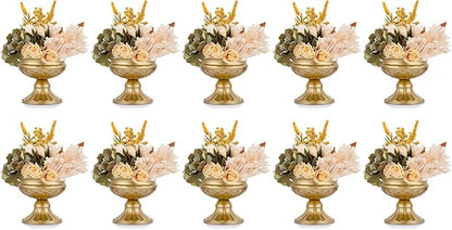 Metal Vases for Table Centerpieces, Hewory Gold Compote Pedestal Vase Floral Container Bulk, Brass Mini Footed Bowl Flower Holders Center Pieces for Wedding Birthday Party Anniversary (10pcs, 6.5in)