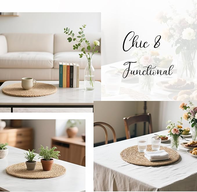 13 Inch Woven Placemats Set of 24, Rustic Round Placemat for Dining Table, Boho Jute Chargers for Dinner Plates, Christmas Farmhouse Holiday Decor, Water Hyacinth Wicker Rattan Braided Place Mats