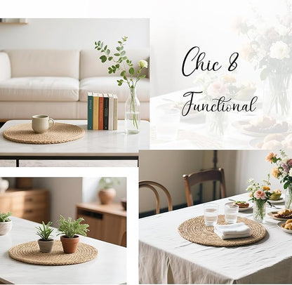 13 Inch Woven Placemats Set of 24, Rustic Round Placemat for Dining Table, Boho Jute Chargers for Dinner Plates, Christmas Farmhouse Holiday Decor, Water Hyacinth Wicker Rattan Braided Place Mats