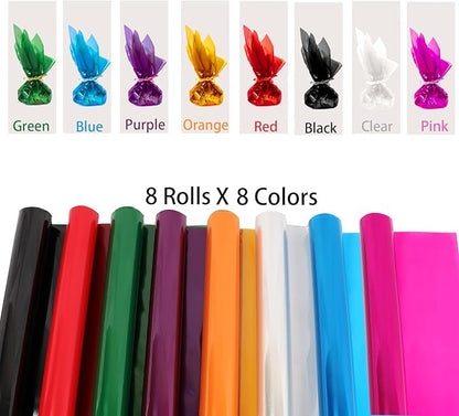 CMFYHM 8 Rolls Colored Cellophane Wrap Roll (34 in x 16.4 ft x 8 Colors) Extra Wide Cellophane Roll Transparent Color Cellophane Gift Wrapping for Gift Baskets,Flowers, DIY Craft,Baby Shower