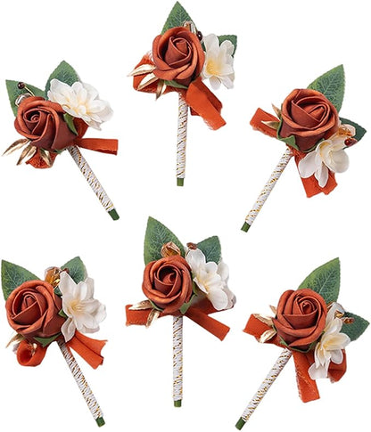 Meldel Rose Boutonniere for Men Wedding, Set of 6, Guest Groom Groomsmen Boutonnieres Prom Corsage for Weddings Homecoming Ceremony Anniversary Party Suit Decoration Flower, Burnt Orange/Terracotta