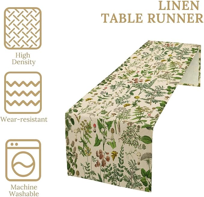 Vintage Botanical Mushroom Table Runner Wild Floral Retro Boho Plants Herbs Ferns Dinner Runner for Farmhouse Cabin Home Kitchen Dining Holiday Party Decor 13x90in