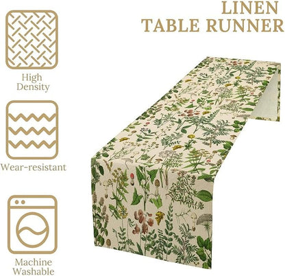 Vintage Botanical Mushroom Table Runner Wild Floral Retro Boho Plants Herbs Ferns Dinner Runner for Farmhouse Cabin Home Kitchen Dining Holiday Party Decor 13x120in