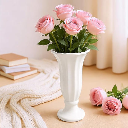 Modern Fluted Ceramic Vase, 10 Inch White Flower Vase with Pedestal Base, Decorative Table Top Vases for Centerpieces, Home Decor, Living Room, Bedroom, Wedding and Events, Housewarming Gift