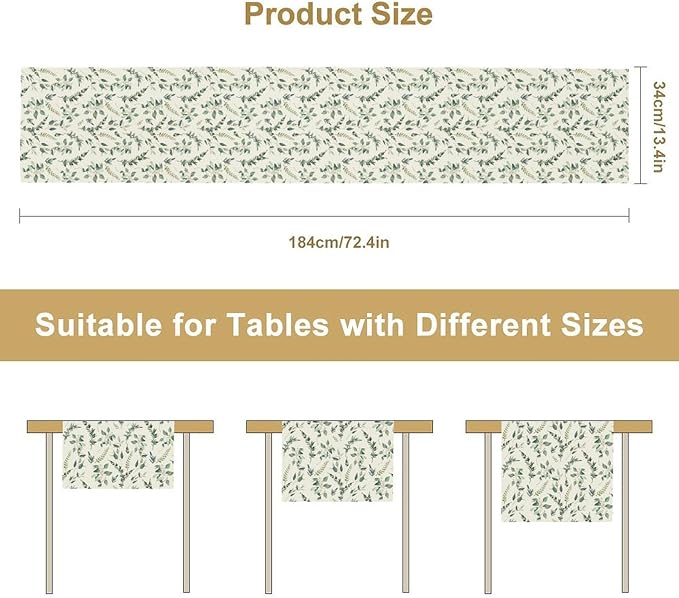 Watercolor Leaf Table Runner, Green Botanical Leaves Nature Decor Table Runner for Kitchen Dining Party Picnic Decoration, 13x70 Inch