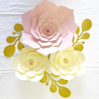 3D Artificial Paper Flower Decorations Need Assembled Pink Roses Flowers with Leaves Wall Backdrop Decor (Beige Pink Set) Wedding Bridal Shower Nursery Decor Centerpieces Wall Flowers Backdrop