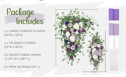 Wedding Arch Flowers with Drapes Kit (Pack of 5) - 2pcs Artificial Lilac & Cream Deluxe Swag with 3pcs Hanging Drapes for Wedding Ceremony Arbor Reception Backdrop Rose Floral Decorations