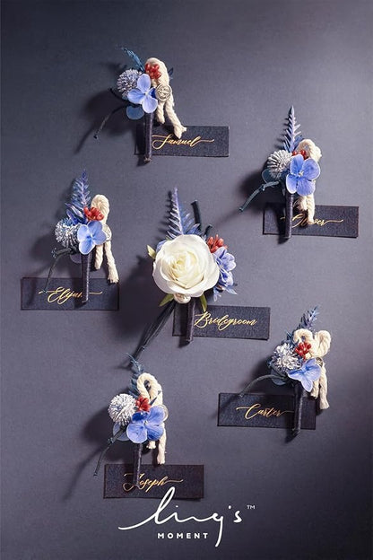 Ling's moment Boutonniere for Men, 6pcs Groom Groomsmen Boutonniere, Artificial Flowers for Wedding Decor/Prom/Homecoming, etc.Navy Blue White