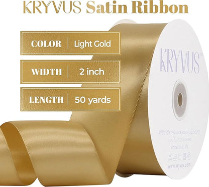 Light Gold Satin Ribbon, Double Faced 2 Inch X 50 Yards, Premium Polyester Satin Ribbon for Gift Wrapping, Crafts, Wedding Decor
