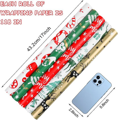 KIMOBER 5 Rolls Christmas Wrapping Paper with Cut Lines on Reverse,Colourful Coated Paper with Cartoon Xmas Elements(17in×118in Per Roll)