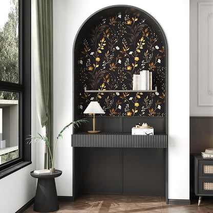 Black Floral Wallpaper Peel and Stick, Dark Gold Vintage Flower Contact Paper, Golden/White Botanical Wall Paper Self Adhesive Waterproof Removable for Room Cabinet Drawer Table Decor 17.5" x 118"
