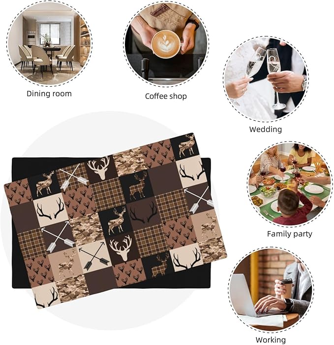 Vintage Camouflage Bear Moose Place Mats Set of 6 Pine Tree Wild Animal Kitchen Dining Table Mat for Indoor Outdoor Decorations 12 X 18 Inch 6 PCS, Style-21
