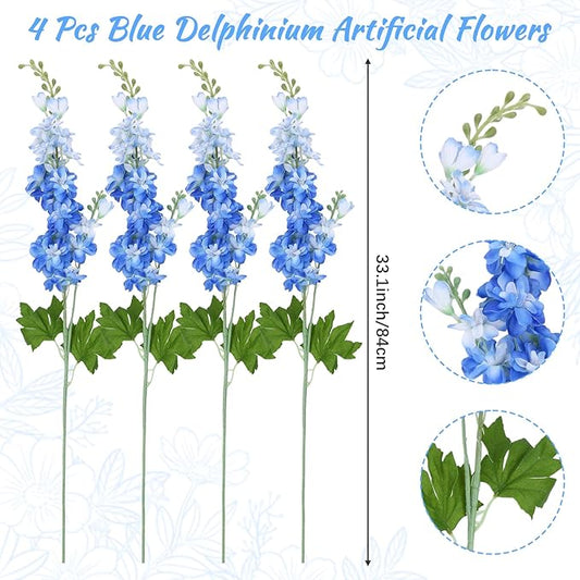 4 Pcs Blue Delphinium Artificial Flowers 33.1'' Faux Flowers Lifelike Fake Larkspur Long Stem Silk Plant for Wedding Party Tall Vase Outdoor Bouquet Decor