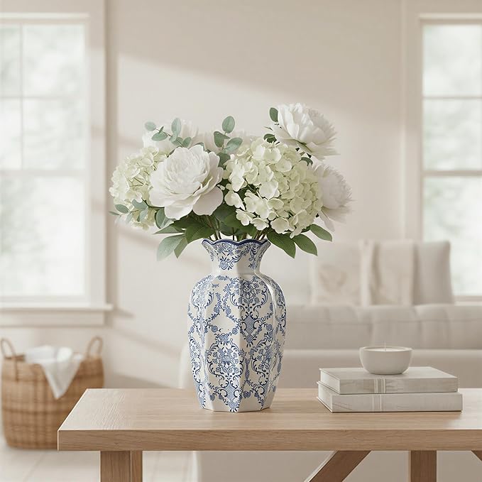 9.5-Inch Blue & White Rustic Vintage Ceramic Vase, Aesthetic Farmhouse Pottery Decor for Living Room, Dining Room & Office