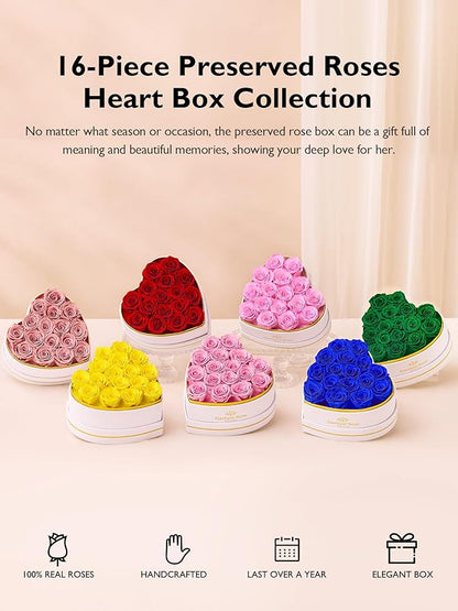 Eterfield Forever Flowers in Heart Shape Box, Preserved Roses That Last a Year Preserved Flowers Birthday Gifts for Her Mom Women Wife Anniversary Valentine's Day Mother's Day (16 Roses, Yellow)