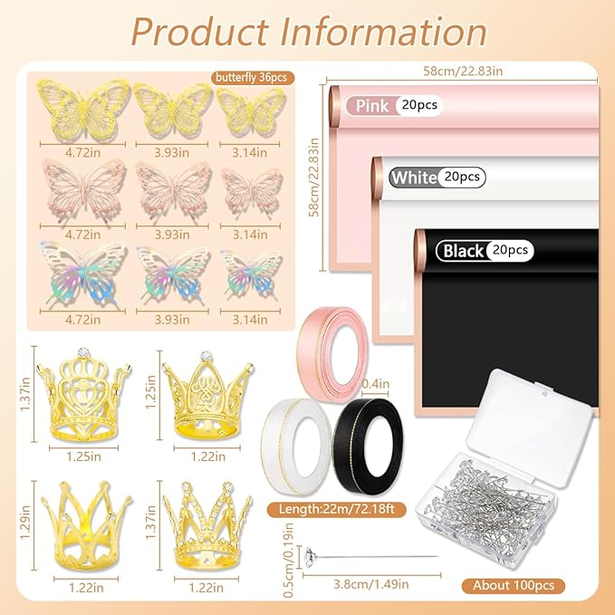 Bouquet Wrapping Paper Kits, 60Sheets Waterproof Flower Wrapping Paper, Floral Wrapping Paper Bouquet in Black Pink Beige With Ribbons, Flower Pins, 3D Butterflies & Crowns for Florist Wrap (HUA-H1)