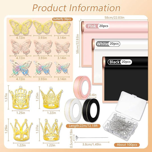 Bouquet Wrapping Paper Kits, 60Sheets Waterproof Flower Wrapping Paper, Floral Wrapping Paper Bouquet in Black Pink Beige With Ribbons, Flower Pins, 3D Butterflies & Crowns for Florist Wrap (HUA-H1)