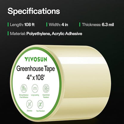 VIVOSUN Greenhouse Repair Tape, 6.3 mil 4" x108' Weatherproof Clear Poly Patch Tape, Heavy Duty Greenhouse Sheeting Coverings Film Tape for Plastic Sheeting and Tents