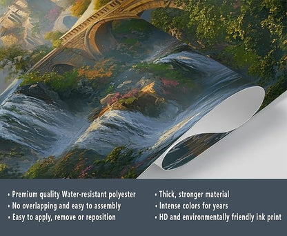 Fantasy Castle Wall Mural, Magical Waterfall Landscape 3D Wall Murals, Royal Palace Wallpaper Mural, for Living Room Bedroom Large Wallpaper Indoor Decor 98.4" W x68.9 H