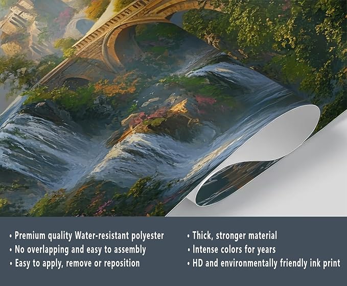 Fantasy Castle Wall Mural, Magical Waterfall Landscape 3D Wall Murals, Royal Palace Wallpaper Mural, for Living Room Bedroom Large Wallpaper Indoor Decor 169.3" W x118.2 H