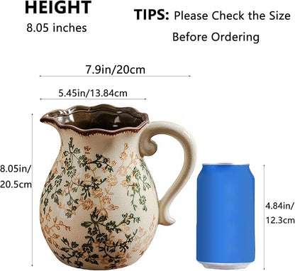 Green and Beige Vintage Vase with Handle,Retro Chinoiserie Vase,Farmhouse Antique Decorative Ceramic Vases for Home Decor,Living Room, Bookshelf, Office, Grand Millennial Decor(H8.05 Inch)