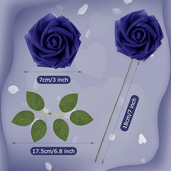 100 Pieces Artificial Foam Rose Flowers Faux Bouquet with Leaves and Stems for DIY Wedding Bouquets Centerpieces Bridal Shower Party Valentine Home Decorations(Navy Blue)