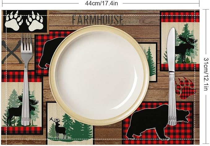 Rustic Cabin Bear Placemats Country Farm Lodge Moose Art Printed Dining Table Mats Set of 4 for Home Kitchen Holiday Picnic Party Decor 12x18in